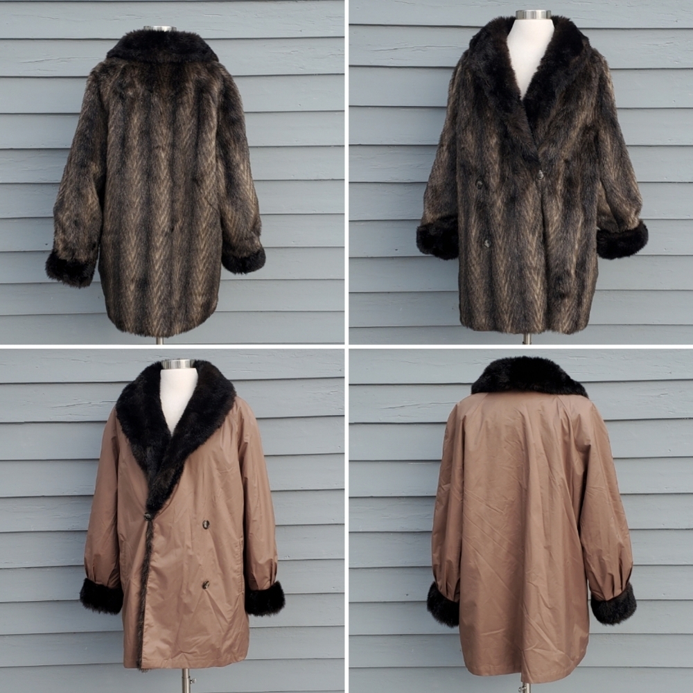 Vintage 90s‎ y2k Brown Faux Fur Polyester Reversible Double Breasted Midi Trench